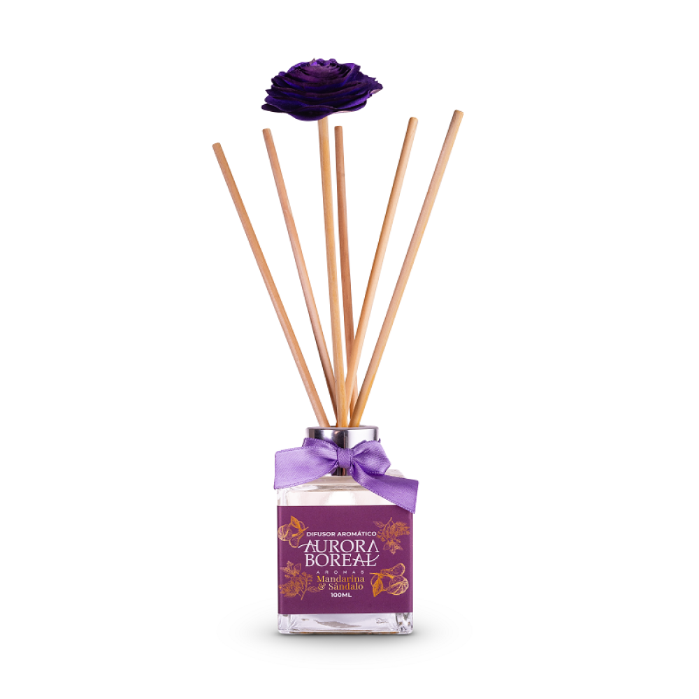 Difusor Aromático Mandarina e Sândalo 100ml c/ flor de madeira 